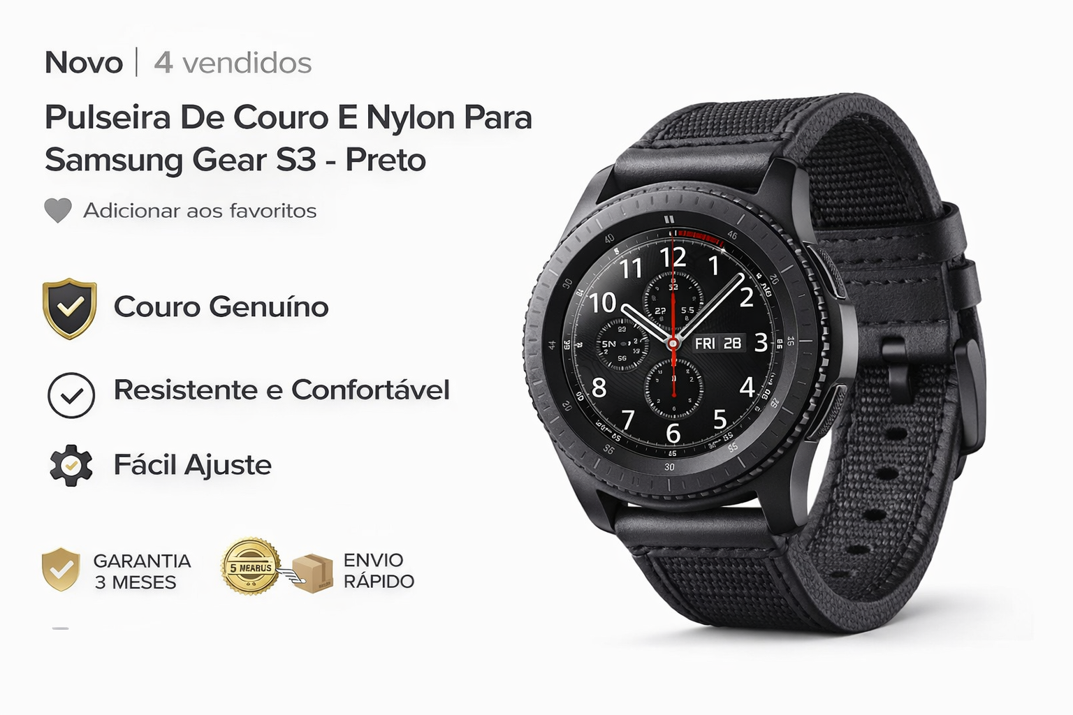 Título do post 1 Black leather and nylon watch strap for Samsung Gear S3 smartwatch on a dark watch face.