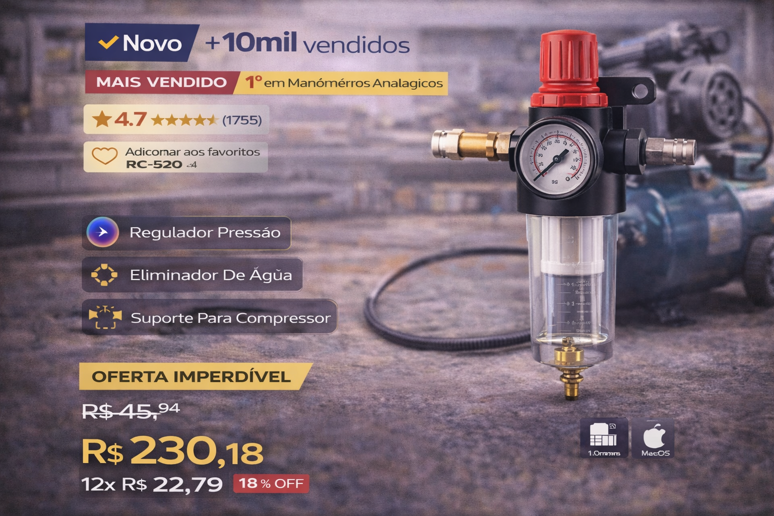 Regulador de pressão e filtro de ar para compressor com manômetro analógico e eliminador de água.