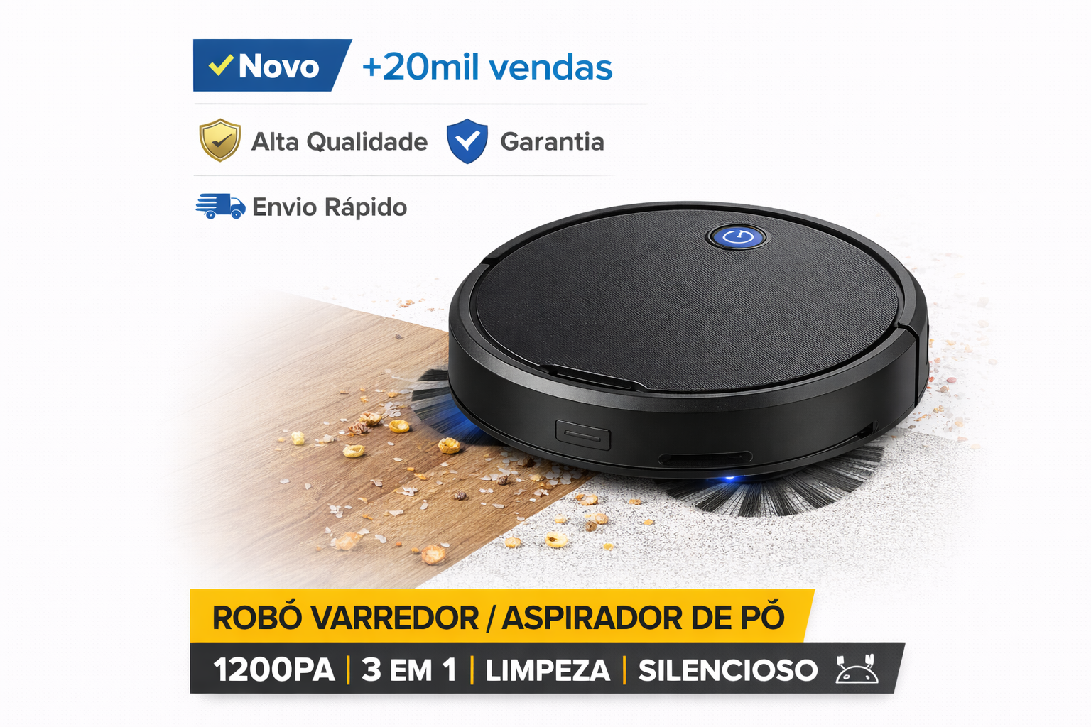 Black 3-in-1 robot vacuum cleaner and floor sweeper with 1200PA suction on wood and tile floors.