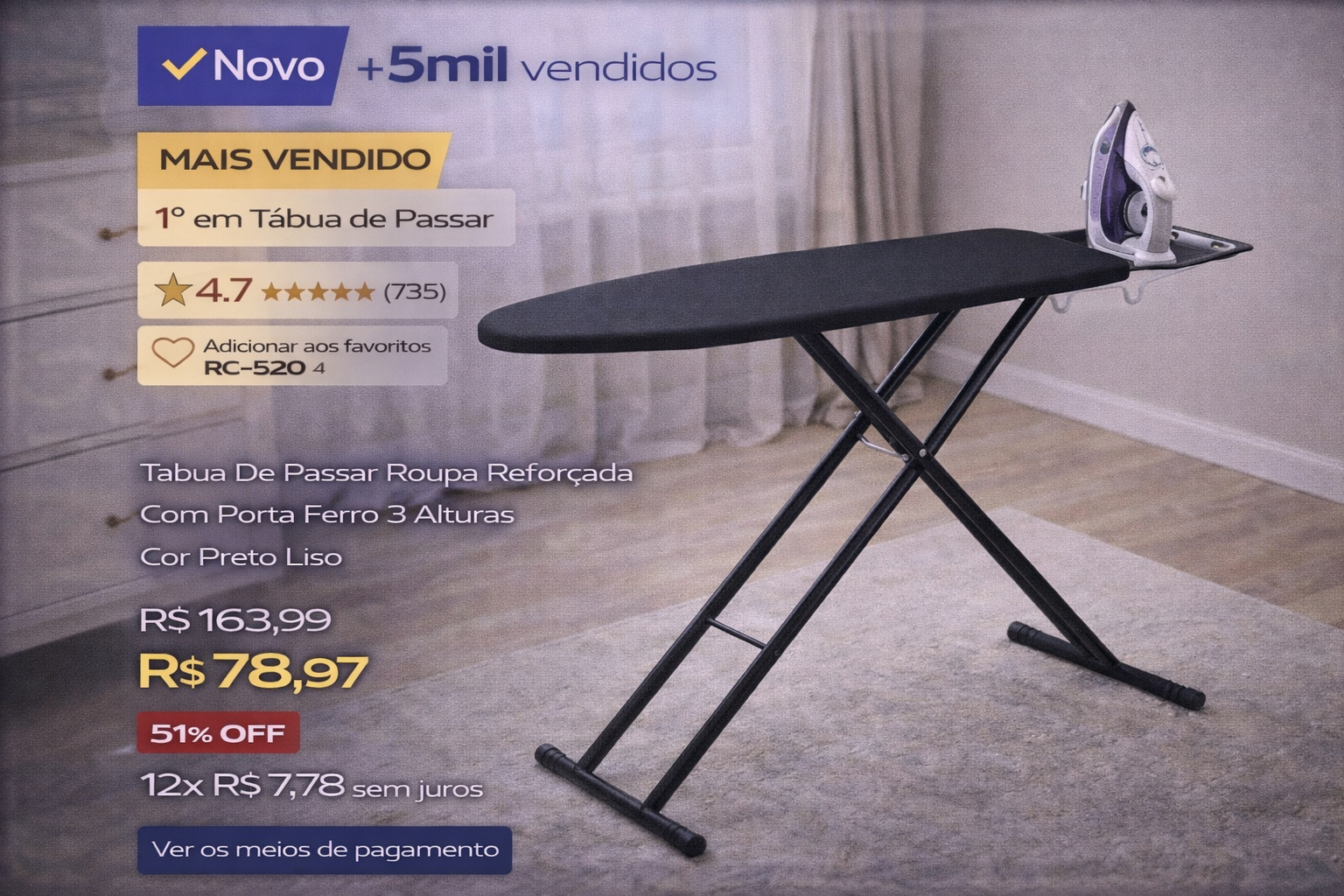 Tábua de Passar Roupa Reforçada. mais cera que presta? 1 Tábua de passar roupa preta reforçada com porta ferro e regulagem de altura em promoção.